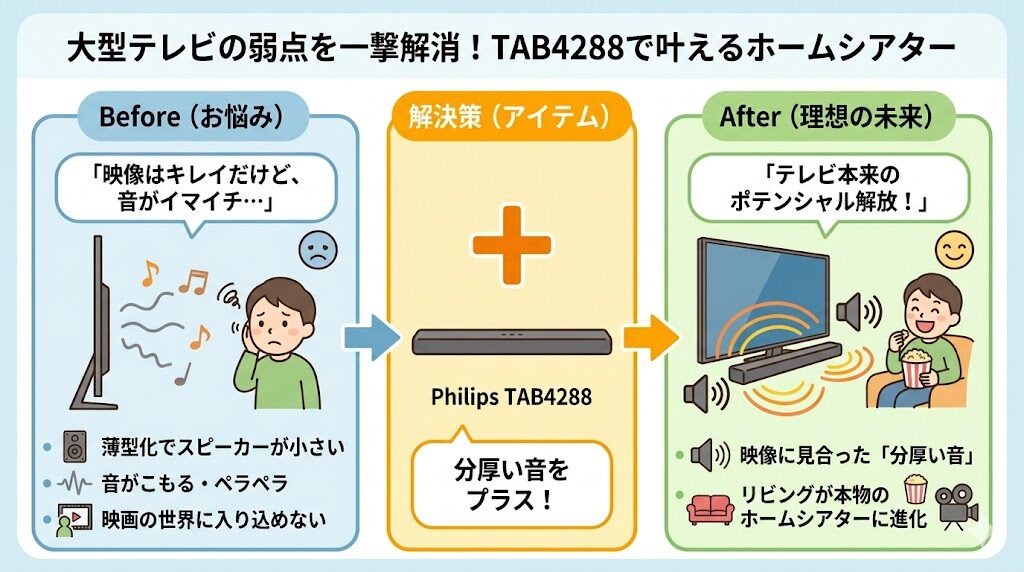 フィリップスTAB4288口コミで判明|大型テレビを持つ人に選ばれる理由は?