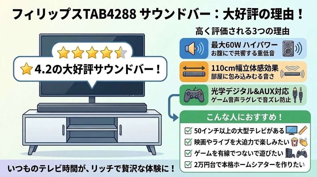 【結論】フィリップスTAB4288の口コミ・総評は★4.2!大迫力のサウンドが好評