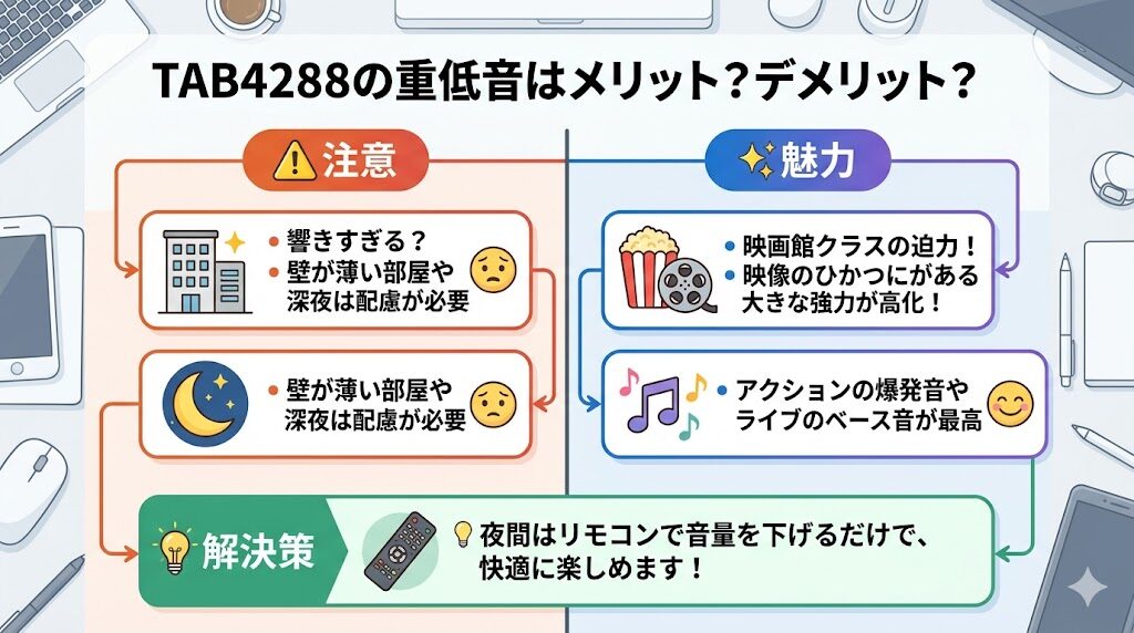 重低音が響くため、アパートや夜間は配慮が必要