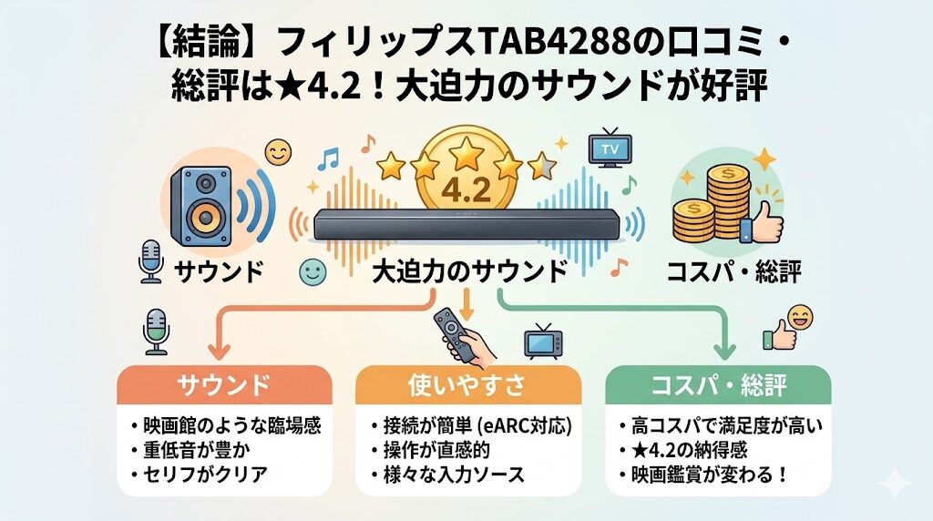 【結論】フィリップスTAB4288の口コミ・総評は★4.2!大迫力のサウンドが好評