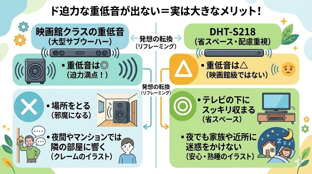 重低音が出ないことを近隣への配慮とするメリット比較