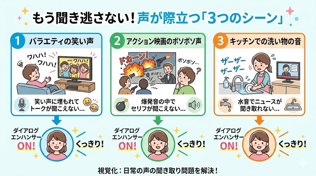 ダイアログエンハンサーで声がクリアになる3つの日常シーン