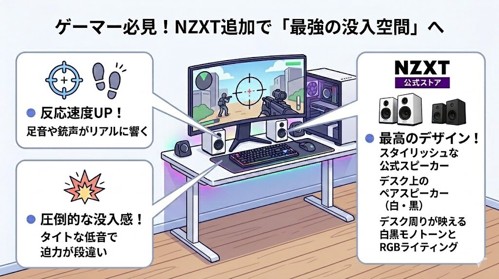 NZXT Relay Subwooferを追加したゲーマー向けの理想的なデスク環境