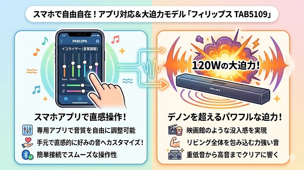 アプリ操作と迫力ある音を楽しめるフィリップス TAB5109の特徴