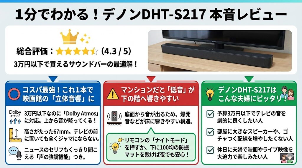 【レビュー】デノンDHT-S217！3万円台でテレビの音が映画館に 