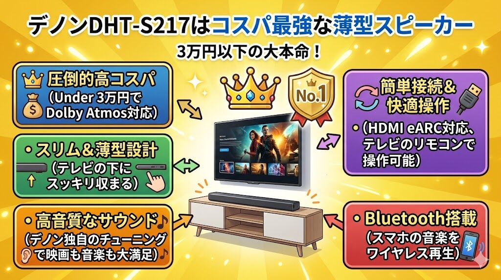 【レビュー】デノンDHT-S217！3万円台でテレビの音が映画館に 